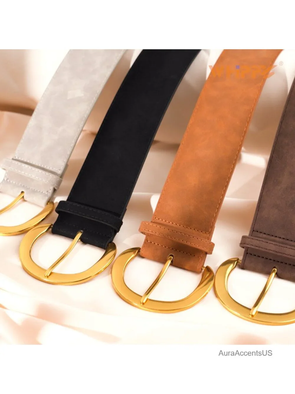 Wide Faux Suede Leather Belt with Gold Buckle for Women
